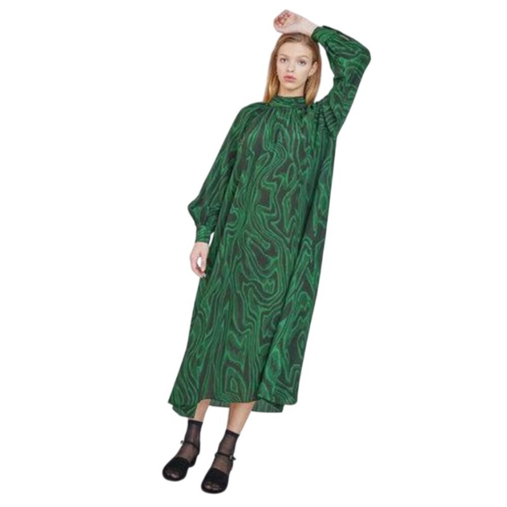 WHiT Anslem Shift Midi Dress Womens P XS Emerald Green Black Long Sleeve Silk